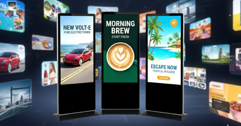Various MediaX digital signage screens displaying dynamic promotions in retail and business settings