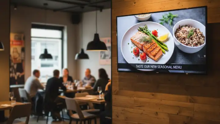 Modern restaurant interior with wall-mounted MediaX digital signage screen showcasing seasonal menu featuring grilled salmon and fresh ingredients