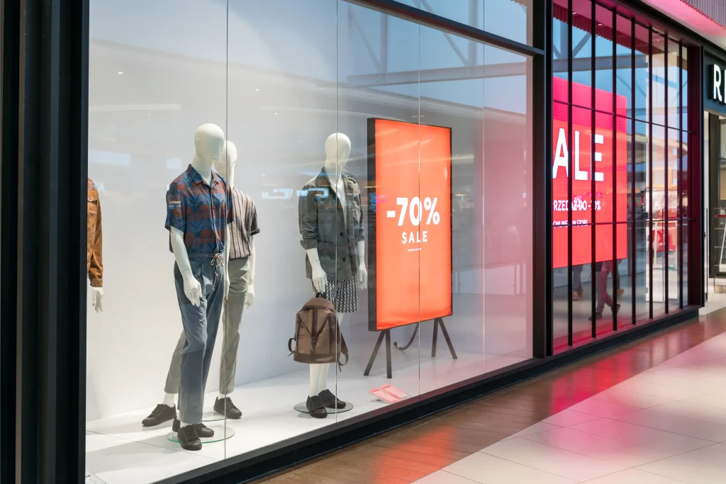 Retail storefront window featuring large MediaX digital signage display promoting 70% off sale with mannequins and modern fashion clothing