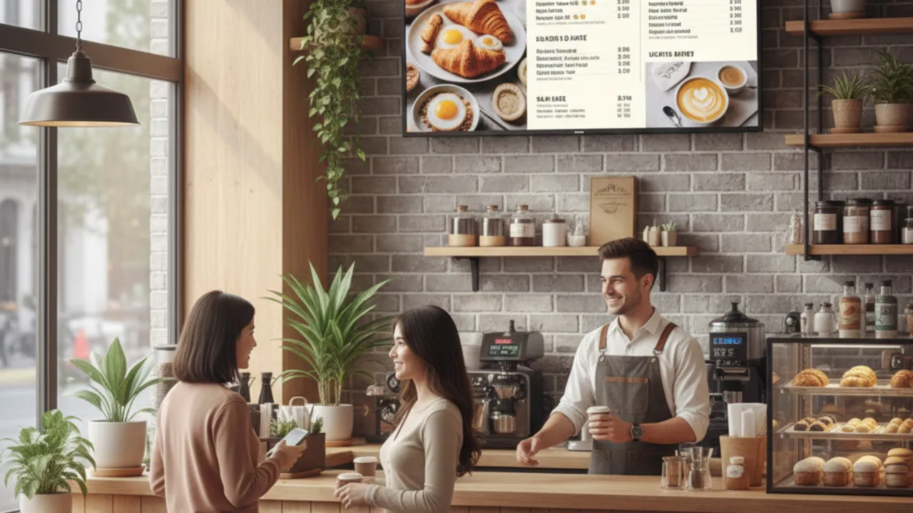 Modern café interior with wall-mounted TV menu board showing breakfast items, coffee prices, and promotional offers above the counter
