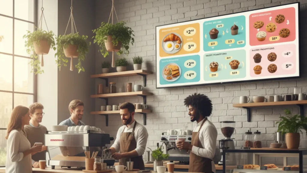 Coffee shop using a wall-mounted TV screen as a digital menu displaying breakfast combos, pastry prices, and promotional highlights