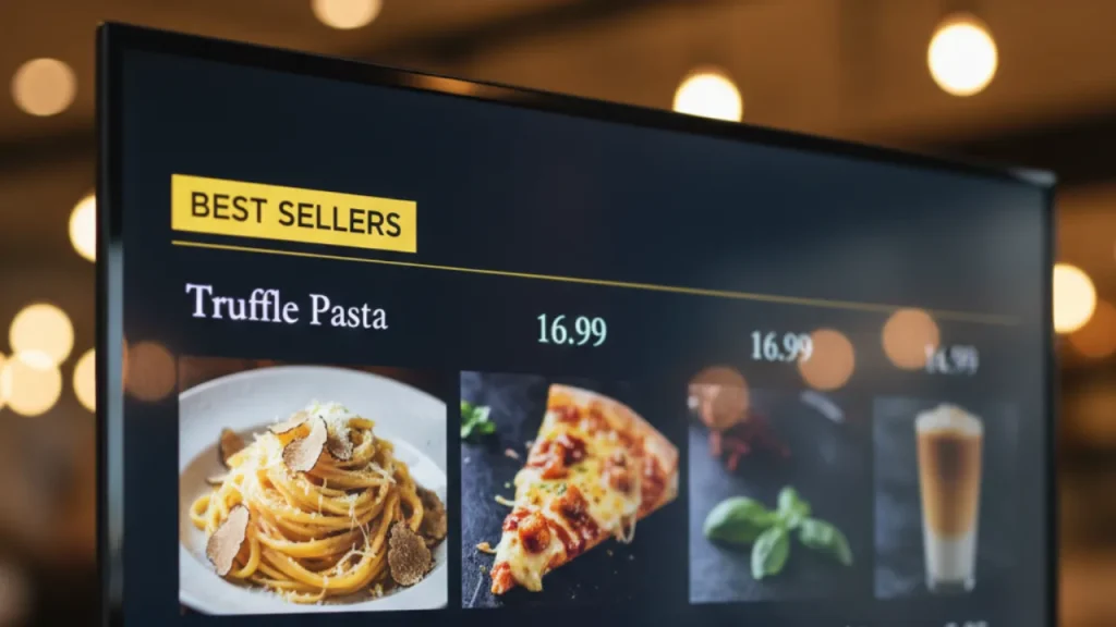 Close up of electronic restaurant menu board highlighting best sellers like truffle pasta and pizza on a TV screen
