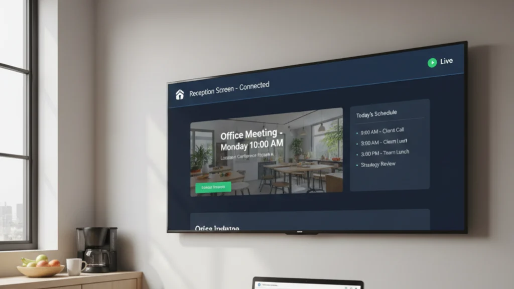 Smart TV in office break room showing connected digital signage dashboard with meeting schedule and remote screen management interface.