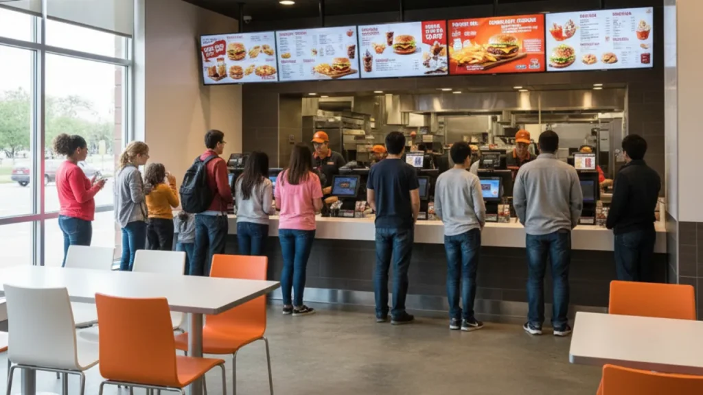 Fast food restaurant with multiple digital TV menu boards above the counter showing burgers, drinks, and meal deal promotions