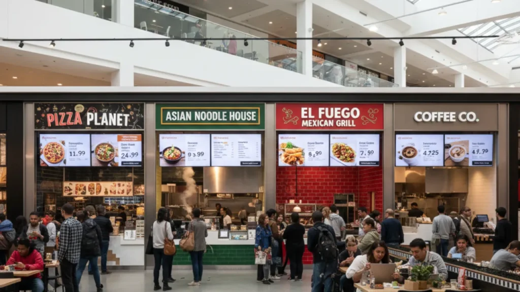 International shopping mall food court using TV menu boards to display pizza, noodles, Mexican grill and coffee menus