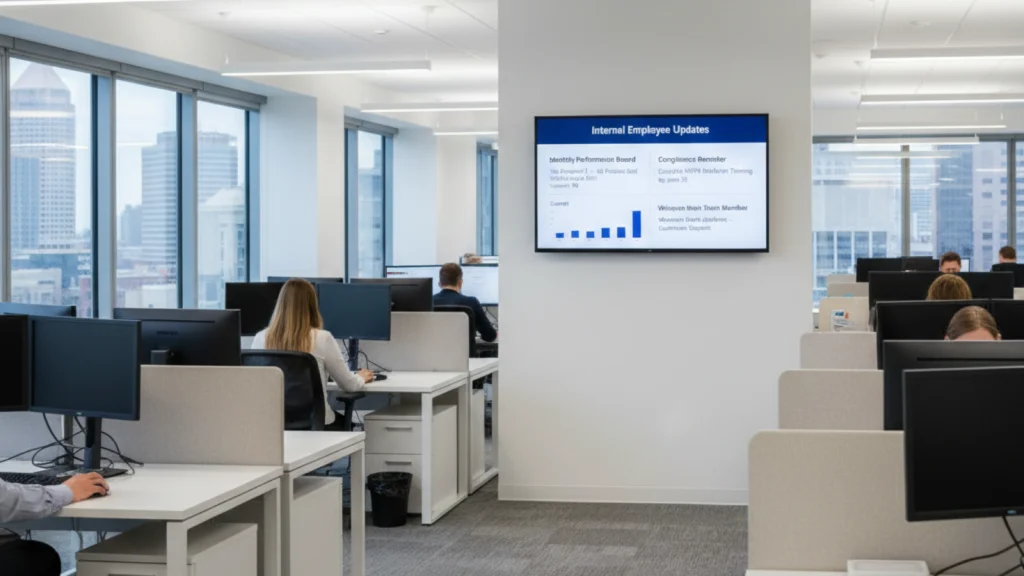 Modern corporate office using office TV announcements to display weekly sales targets, employee birthdays, and important internal reminders on a wall mounted screen.