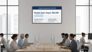 Modern corporate office using office TV announcements to display weekly sales targets, employee birthdays, and important internal reminders on a wall mounted screen.