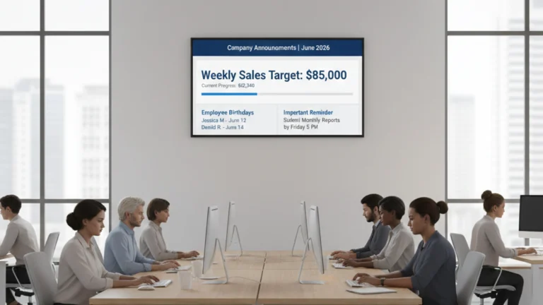 Modern corporate office using office TV announcements to display weekly sales targets, employee birthdays, and important internal reminders on a wall mounted screen.
