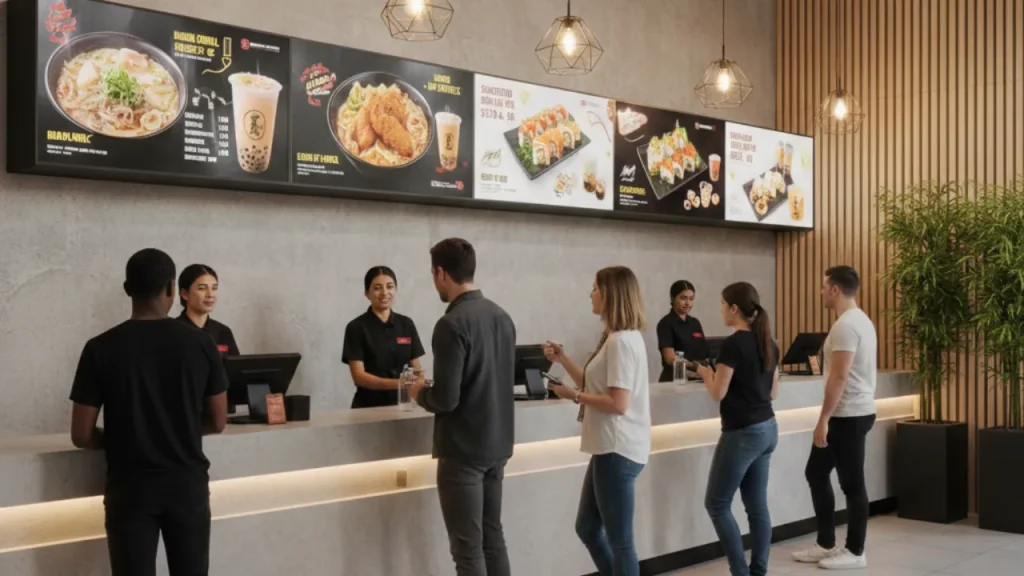 Customers ordering at a restaurant counter with large digital TV menu screens displaying food images, combo deals, and pricing