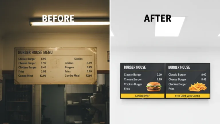 Before and after comparison showing printed burger menu upgraded to a modern restaurant menu on TV digital display