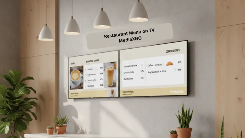 Modern cafe interior displaying a restaurant menu on TV using MediaXGo with coffee items and combo deals