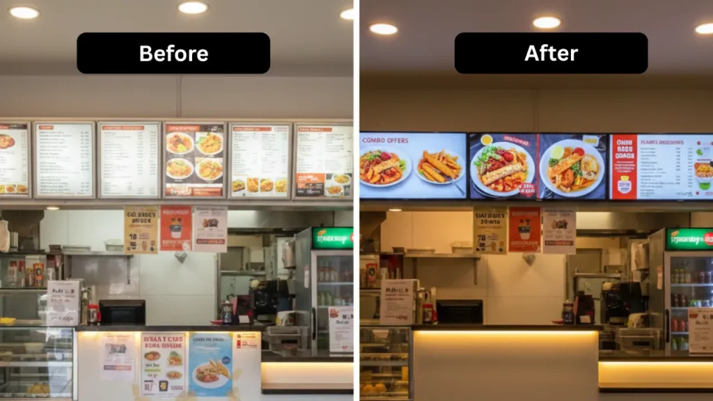 Before and after comparison of a restaurant replacing printed menu boards with modern digital TV menu screens displaying food promotions and combo offers