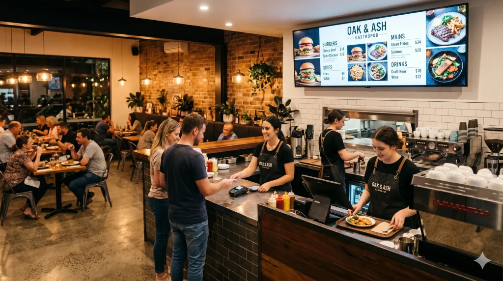 Customers ordering food at a restaurant counter with digital menu boards displayed above the service area